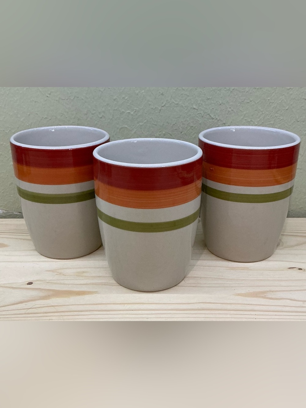 Vtg Royal Norfolk Stoneware Coffee Mugs Set Of 3 Red Orange Green Stripe Retro